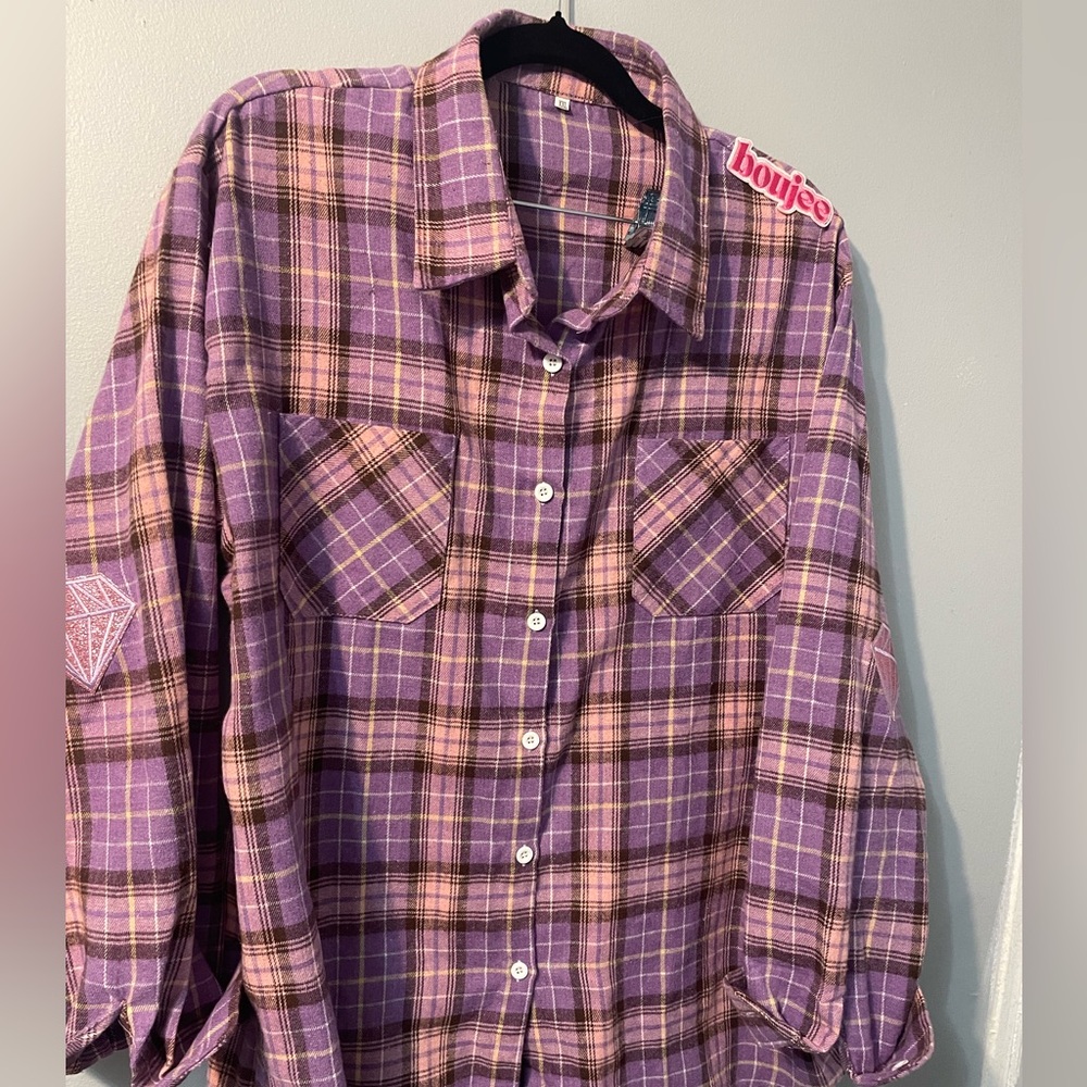 NWOT jr Plus plaid button up patched boujee shirt